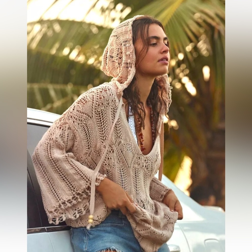 Free People Sand Dollar Crochet Hoodie Tasseled Scalloped Pink Tan Sand